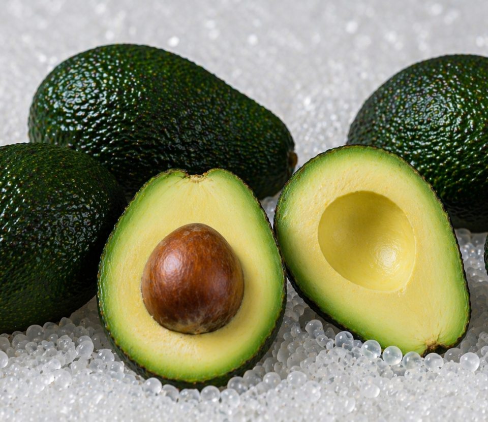 Aguacates junto a pellets de plástico para fabricación de envases agrícolas.