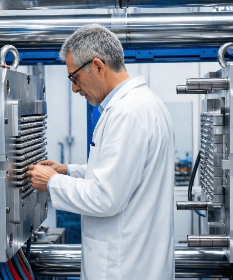 innovacion Técnico industrial en planta de inyección de plástico supervisando maquinaria de producción.